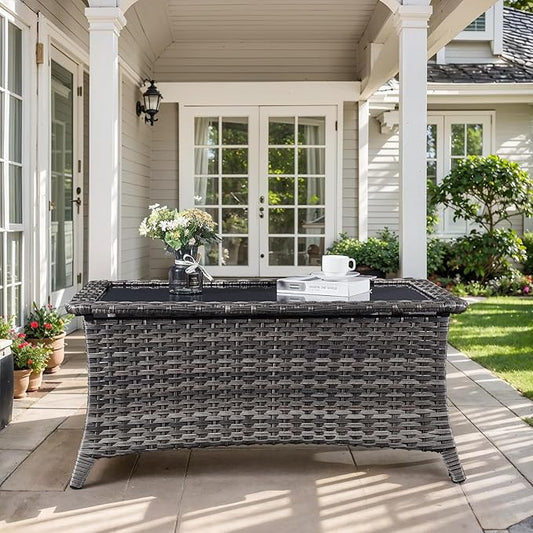 Outdoor Coffee Table - Patio Rattan Wicker Coffee Table with Tempered Glass Top Outdoor Table for Deck Porch Balcony Garden - Grey