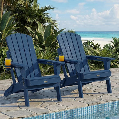 Adirondack Chairs Set of 2 for Outdoor Patio: Sturdy HDPE Plastic Fire Pit Chairs with Cup Holder & Wood Texture - Comfortable Easy to Assembly All-Weather Furniture - Easy Foldable and Stackable