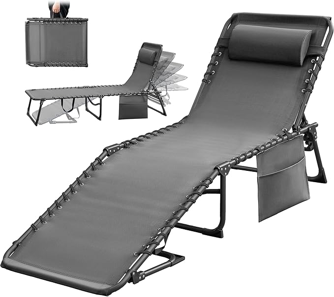 Greesum Chaise Lounge Folding Tanning Chair with 5 Position Adjustable Back, Detachable Pillow & Pocket Outside Pool, Beach, Sunbathing, Gray