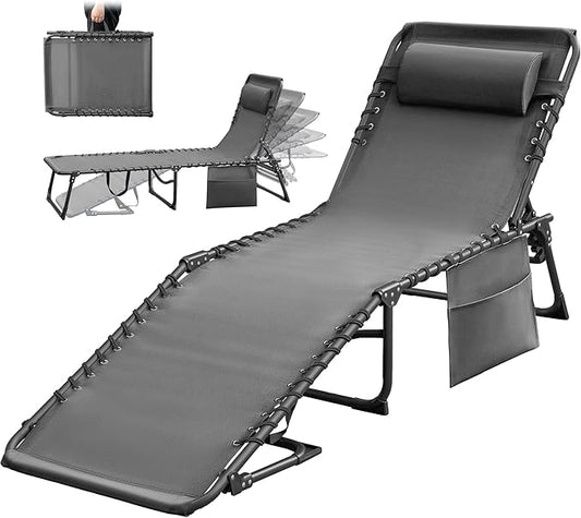 Greesum Chaise Lounge Folding Tanning Chair with 5 Position Adjustable Back, Detachable Pillow & Pocket Outside Pool, Beach, Sunbathing, Gray