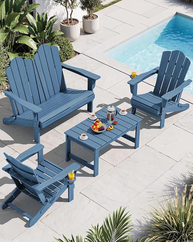 SERWALL 4 Pieces HDPE Patio Adirondack Chair Set, 2 Adirondack Chair with Cup Holder & 1 Adirondack Bench & 1 Coffee Table with Umbrella Hole, Navy