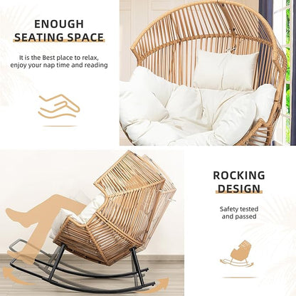 Vongrasig Wicker Rocking Egg Chair PE Rattan with Cushion, Oversized Patio Lounge Rocker Chair for Outdoor, Indoor, Livingroom, Backyard, Garden (Beige)