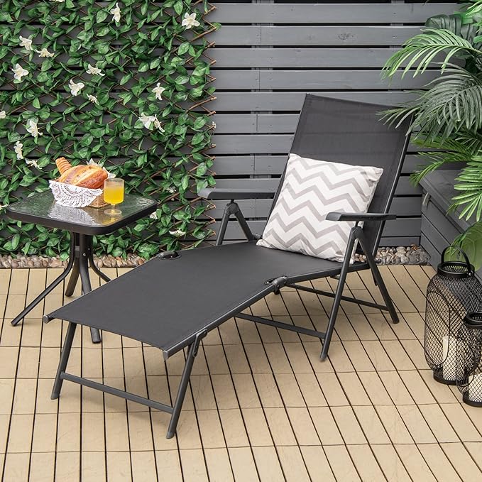 COSTWAY Folding Chaise Lounge, Lightweight & Breathable Fabric, Outdoor Tanning Recliner Chair for Deck, Beach (Black) - Photo 2