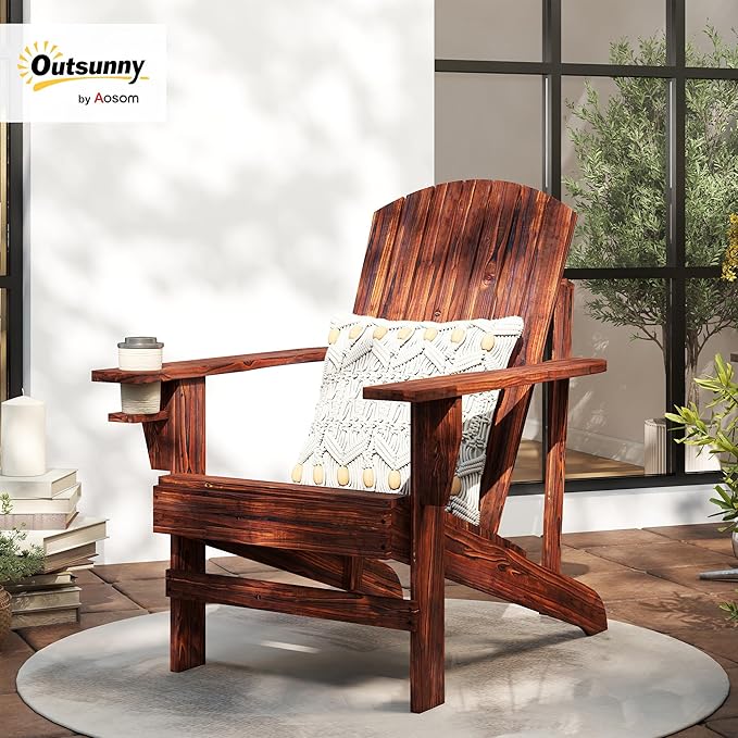 Outsunny Wooden Adirondack Chair, Outdoor Patio Lawn Chair with Cup Holder, Weather Resistant Lawn Furniture, Classic Lounge for Deck, Garden, Backyard, Fire Pit, Brown