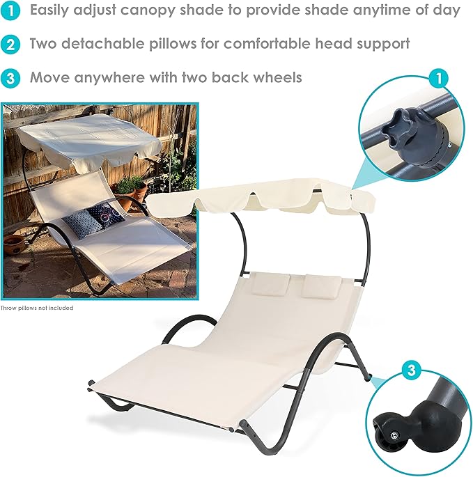 Sunnydaze Outdoor Double Chaise Lounge with Canopy Shade and Headrest Pillows - Beige Fabric with Black Powder-Coated Frame