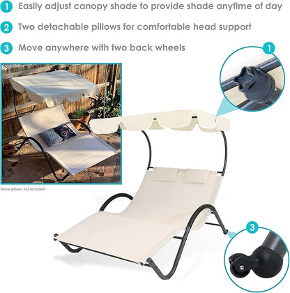 Sunnydaze Outdoor Double Chaise Lounge with Canopy Shade and Headrest Pillows - Beige Fabric with Black Powder-Coated Frame