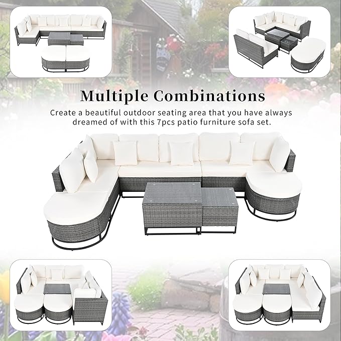 Quarte 7 Pieces Outdoor Patio Furniture Sofa Set with Coffee Table and Pillows - Photo 4