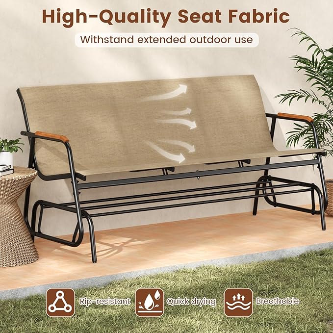 Giantex Patio Glider, 3-Person Swing Gliding Loveseat with Curved Teak Armrests, Fabric Seat, Metal Frame, Load 990lbs - Photo 5