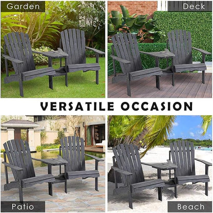 Outsunny Wooden Adirondack Chairs for Two People, Outdoor Fire Pit Chair with Table & Umbrella Hole, Patio Chair for Deck Lawn Pool Backyard, Gray