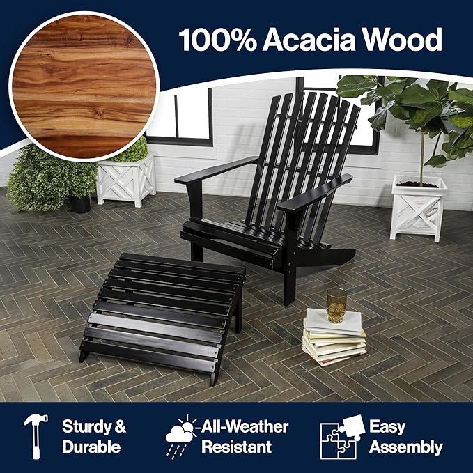 JONATHAN Y ADK1000C Saranac 2-Piece Traditional Rustic Acacia Wood Adirondack Chair with Detachable Ottoman Classic, Coastal, Cottage, Vintage, Farmhouse, Black