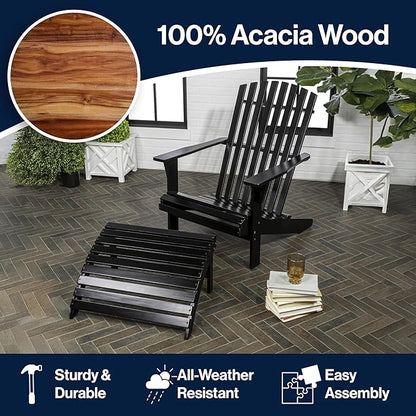 JONATHAN Y ADK1000C Saranac 2-Piece Traditional Rustic Acacia Wood Adirondack Chair with Detachable Ottoman Classic, Coastal, Cottage, Vintage, Farmhouse, Black