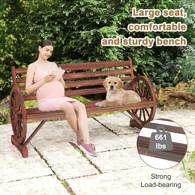 kinbor 55" Wooden Rustic Wagon Wheel Bench, Outdoor Bench Seat, Patio 2-Person Bench with Backrest