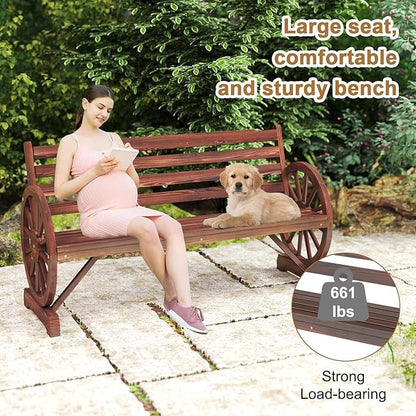 kinbor 55" Wooden Rustic Wagon Wheel Bench, Outdoor Bench Seat, Patio 2-Person Bench with Backrest