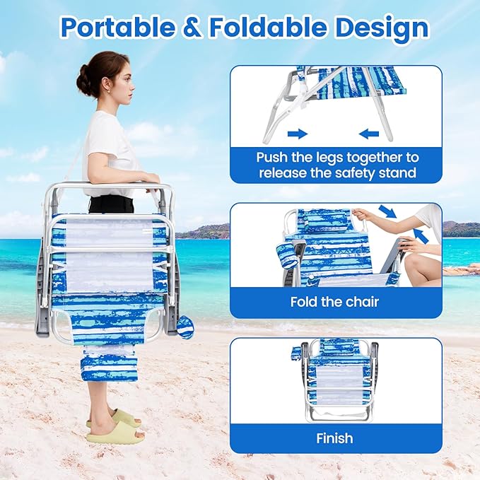 GYMAX Beach Chairs, 2Pcs Folding Camping Chair with Adjustable Backrest, Shoulder Strap, Cup Holder & Headrest - Photo 6