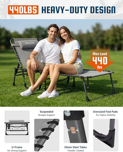 KingCamp Oversized Tanning Chair, Extra-Wide Padded Folding Chase Lounge Chairs Portable Adjustable 5-Position 440lbs Heavy Duty Lounger with Double-Layer Oxford for Outdoor Beach Patio Sun Pool Grey