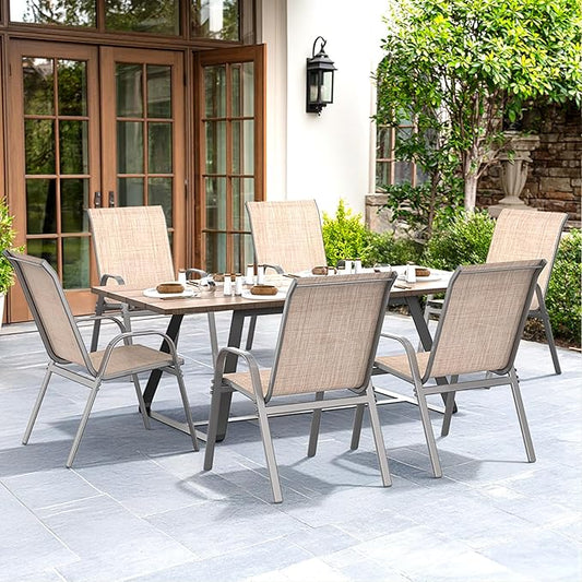Patio Chairs Set of 6, Easily Set Up Stackable Outdoor Dining Chairs with High Back and Wide Seat, All Weather Breathable Outdoor Chairs Set of 6 with Metal Frame for Backyard Deck Pool, Beige