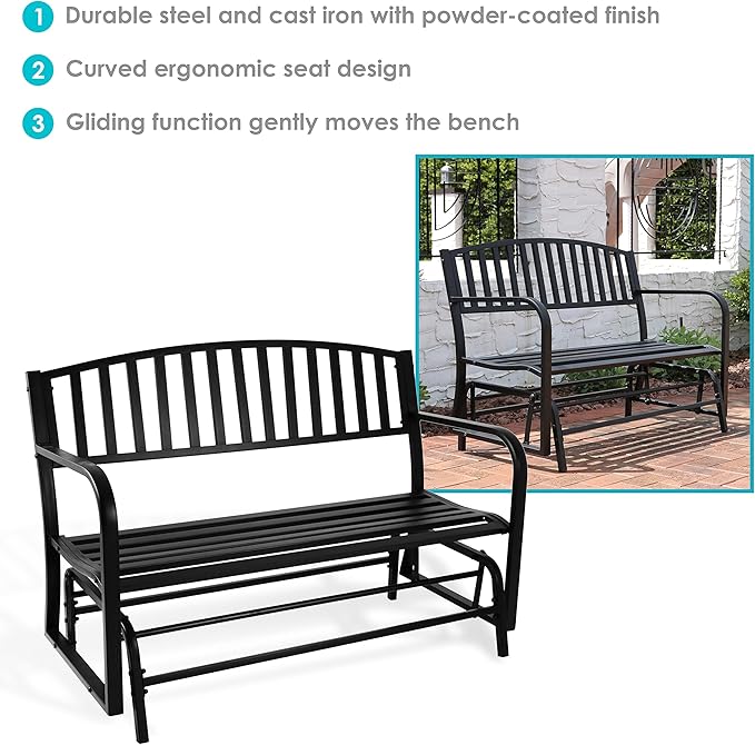 Sunnydaze 50-Inch 2-Person Glider Garden Bench - 615-Pound Weight Capacity - Black