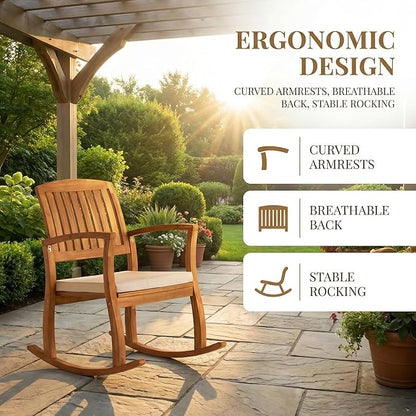 Acacia Wood Outdoor Rocking Chair, Patio Furniture for Garden, Lawn, Porch, Balcony, Nursery, Modern Water-Resistant Comfortable Rocker for Backyard Poolside Relaxation