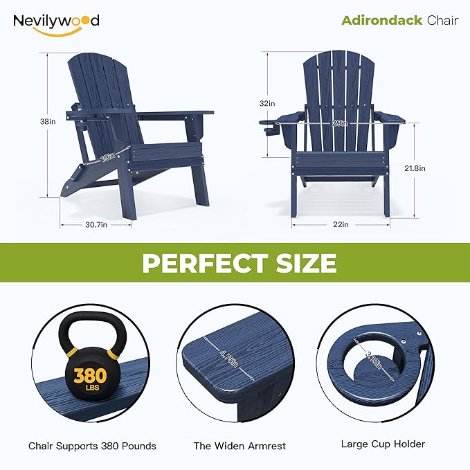 nevilywood HDPE Folding Adirondack Chair Set of 2,Waterproof All-Weather Outdoor Design with Cup Holder,Suitable for Fire Pit, Patio & Beach, Navyblue