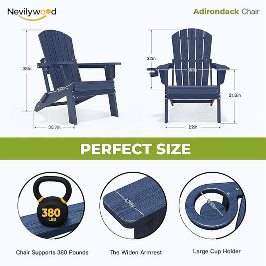 nevilywood HDPE Folding Adirondack Chair Set of 2,Waterproof All-Weather Outdoor Design with Cup Holder,Suitable for Fire Pit, Patio & Beach, Navyblue