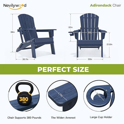 nevilywood Folding Adirondack Chair - Extended Ergonomic Backrest, Cup Holder - Easy Assembly - Durable HDPE Plastic, Weather Resistant & Maintenance-Free - Lawn, Patio, Deck Supports 380lbs NavyBlue