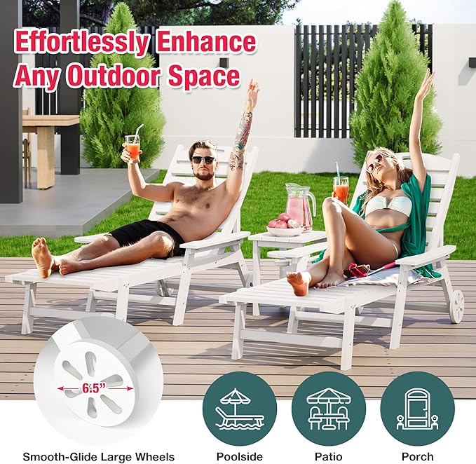 Pamapic 500 LBS Lounge Chair with Coffee Table Set of 2, Wide Armrest Oversized Chaise Lounge Chair with Wheel, 4 Positions Chaise Lounge with Cup Holder, Outdoor Lounge Chairs for Poolsdie, White