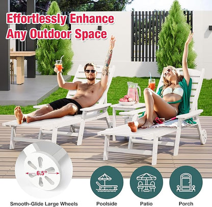 Pamapic 500 LBS Lounge Chair with Coffee Table Set of 2, Wide Armrest Oversized Chaise Lounge Chair with Wheel, 4 Positions Chaise Lounge with Cup Holder, Outdoor Lounge Chairs for Poolsdie, White