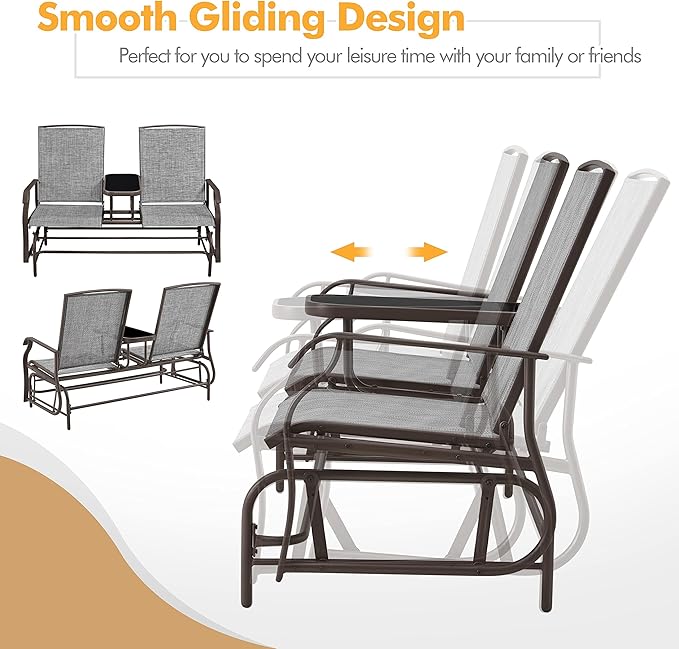 Yaheetech 2-Seat Outdoor Glider with Center Table, Patio Rocking Loveseat with Breathable Mesh Sturdy Metal Frame for Garden Pool Lawn