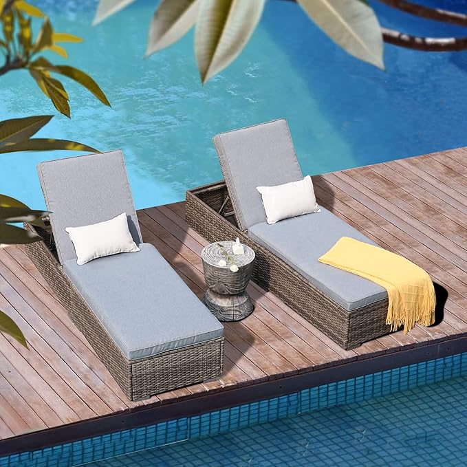 Patiorama Outdoor Patio Chaise Lounge Chair, Elegant Reclining Adjustable Pool Rattan Chaise Lounge Chair with Cushion, Grey PE Wicker, Steel Frame,Light Grey, Set of 2