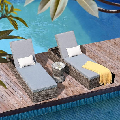Patiorama Outdoor Patio Chaise Lounge Chair, Elegant Reclining Adjustable Pool Rattan Chaise Lounge Chair with Cushion, Grey PE Wicker, Steel Frame,Light Grey, Set of 2