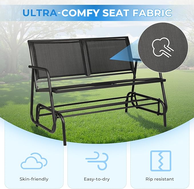 2-Person Outdoor Glider Bench - Patio Loveseat Swing Chair with Textilene Fabric & Powder-Coated Steel Frame - for - Photo 5