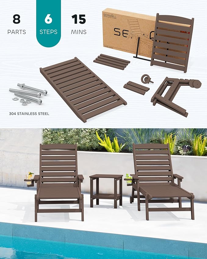 SERWALL Patio Chaise Lounge Chair, 78'' Long HDPE 5 Positions Adjustable Outdoor Lounger - Photo 6