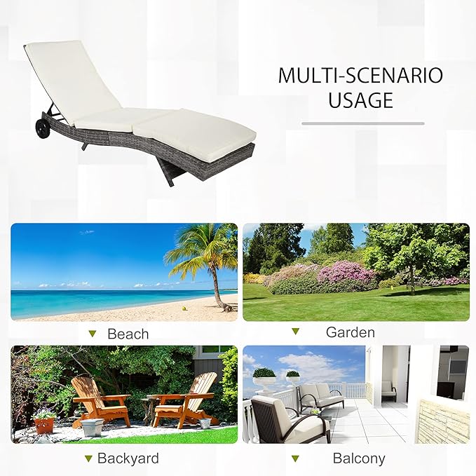 Outsunny Wicker Chaise Lounge Chair Outdoor PE Rattan Cushioned Patio Sun Lounger with 5-Level Adjustable Backrest & Wheels for Easy Movement, Cream White