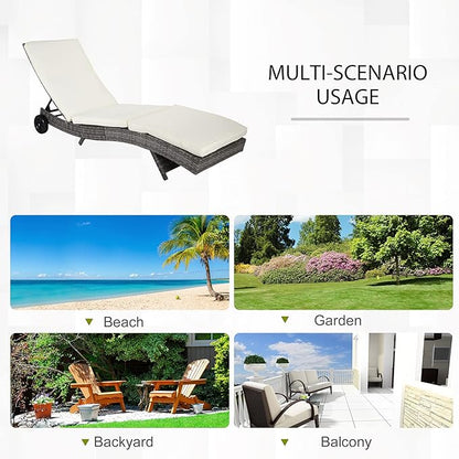 Outsunny Wicker Chaise Lounge Chair Outdoor PE Rattan Cushioned Patio Sun Lounger with 5-Level Adjustable Backrest & Wheels for Easy Movement, Cream White