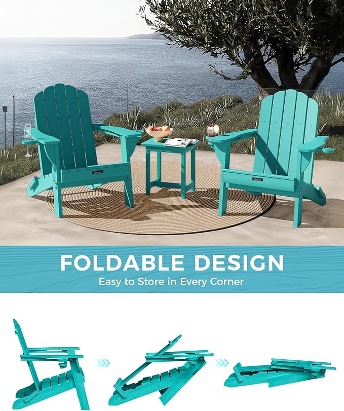 Adirondack Chairs Set of 2, Wood Texture Fire Pit Chairs, Plastic Adirondack Chairs with 2 Cup Holder - Photo 8