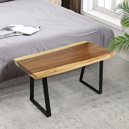 Natural Solid Wood Bench 32"x14"x18"H Live Edge Wooden Entryway Bench Rustic Rectangle Coffee Side Table Living Room Bedroom Bathroom Patio Outdoor Garden Foot Rest Stool