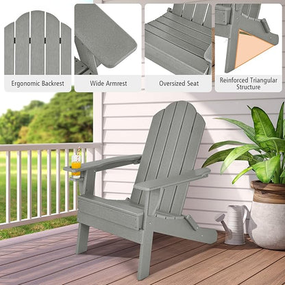 Giantex Adirondack Chair Outdoor Folding Chairs, HDPE Weather Resistant Patio Chair with Built-in Cup Holder Lawn Chair for Patio, Backyard, Balcony, Deck Outside Plastic Fire Pit Chair(1, Grey)