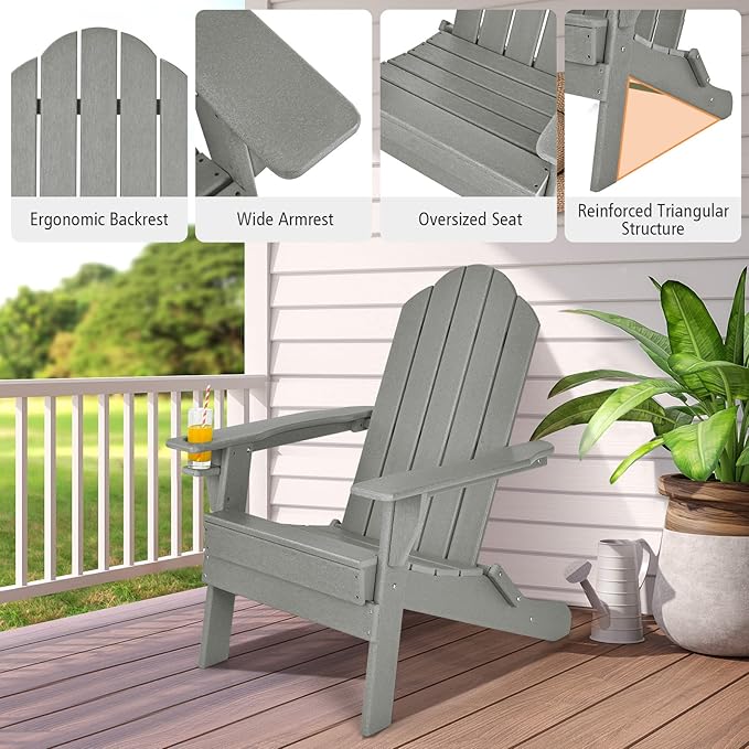Giantex Adirondack Chair Outdoor Folding Chairs, HDPE Weather Resistant Patio Chair with Built-in Cup Holder Lawn Chair for Patio, Backyard, Balcony, Deck Outside Plastic Fire Pit Chair (4, Grey)