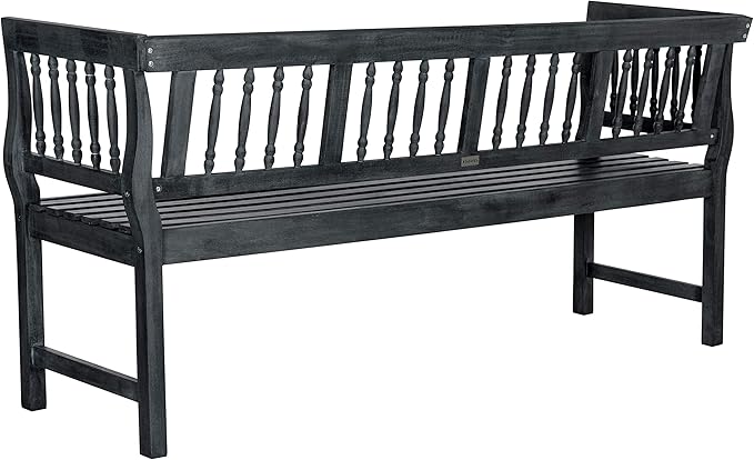 SAFAVIEH Outdoor Patio Furniture Collection – Brentwood Dark Slate Grey Distressed Acacia Wood Bench with Silver Accents, Classic Outdoor Seating for Porch or Garden (PAT6732K)