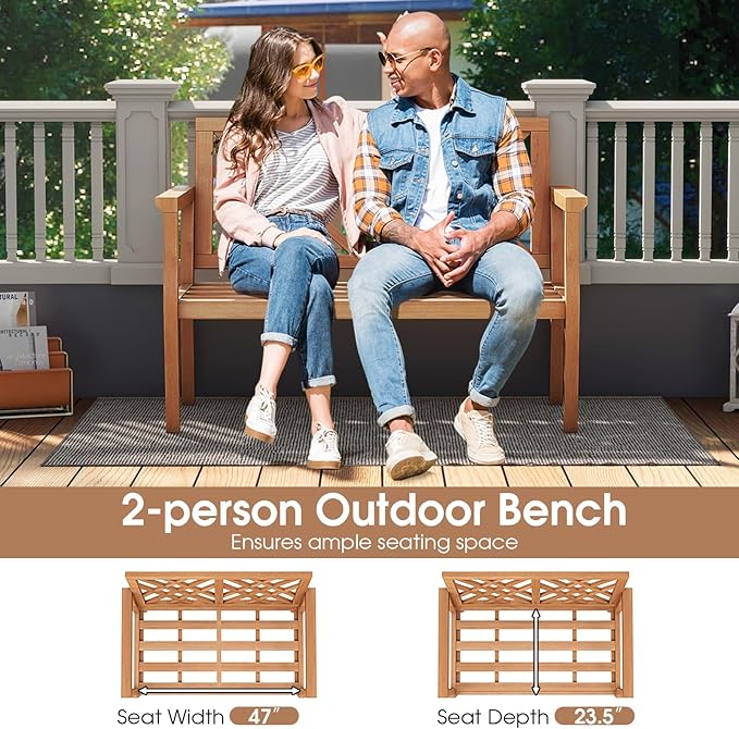 Tangkula Outdoor Garden Bench, 2-Person Teak Wood Bench with Comfy Armrests and Backrest, Slatted Seating Area, 800 LBS Weight Capacity, Patio Wood Loveseat Chair for Porch, Backyard, Park, Natural
