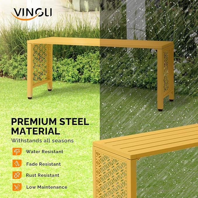 VINGLI 40in Outdoor Metal Bench, All-Weathe Backless Patio Bench with Slatted Seat＆Floral Side Panels - Photo 4