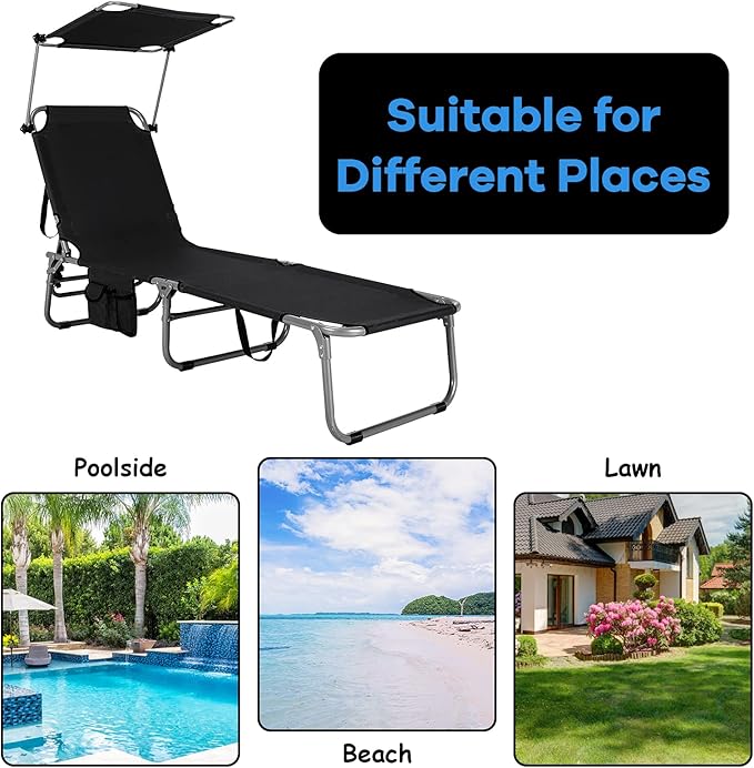 GYMAX Beach Chair with Canopy Shade, Folding Tanning Lounge with Adjustable Backrest, Carry Handle & Side Pocket - Photo 9