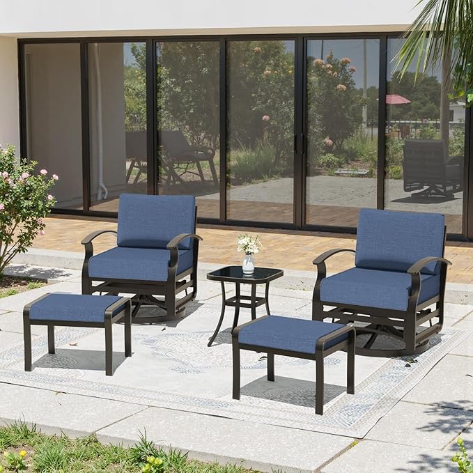 Gotland 5 Piece Patio Set, Aluminum Outdoor Swivel Chairs Set of 2 with 2 Ottoman 5.1’’ High-Resilience Seat Cushions Tempered Glass Coffee Table Removable Cushions, Metal Patio Furniture Set, Navy