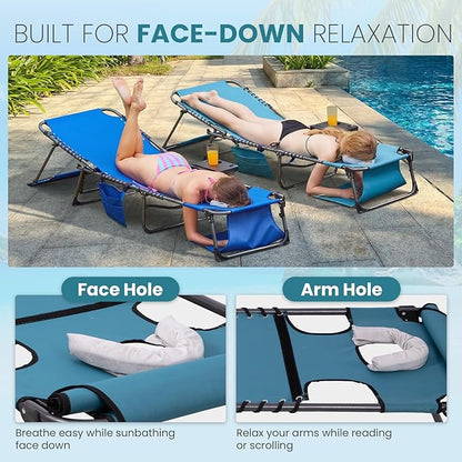 FUNDANGO Heavy Duty Tanning Chair with Face Hole & Canopy, 400lbs Beach Lounge Chair with Side Table, 5-Position Sun Lounger for Outdoor Patio Pool-Face Down Chaise with Anti-Pinch Safety Lock,Cyan