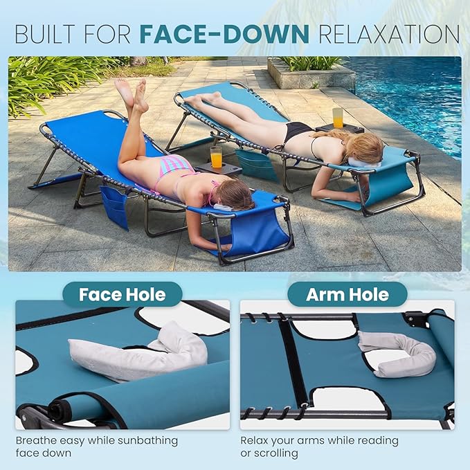 FUNDANGO 400lbs Tanning Chair with Face Hole & Canopy & Side Table, 5 Positions Beach Sunbathing Lounge Chair Facedown Chaise Lounge with Pillow for Pool Outdoor Camping Patio, Set of 2 Cyan