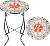 12 Inch Small Outdoor Side Table with Pink Flower, Glass Mosaic Patio Table Indoor - Photo 1
