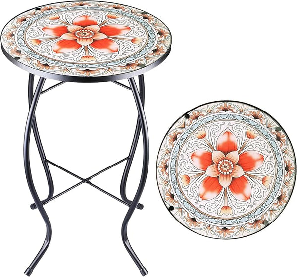 12 Inch Small Outdoor Side Table with Pink Flower, Glass Mosaic Patio Table Indoor - Photo 1
