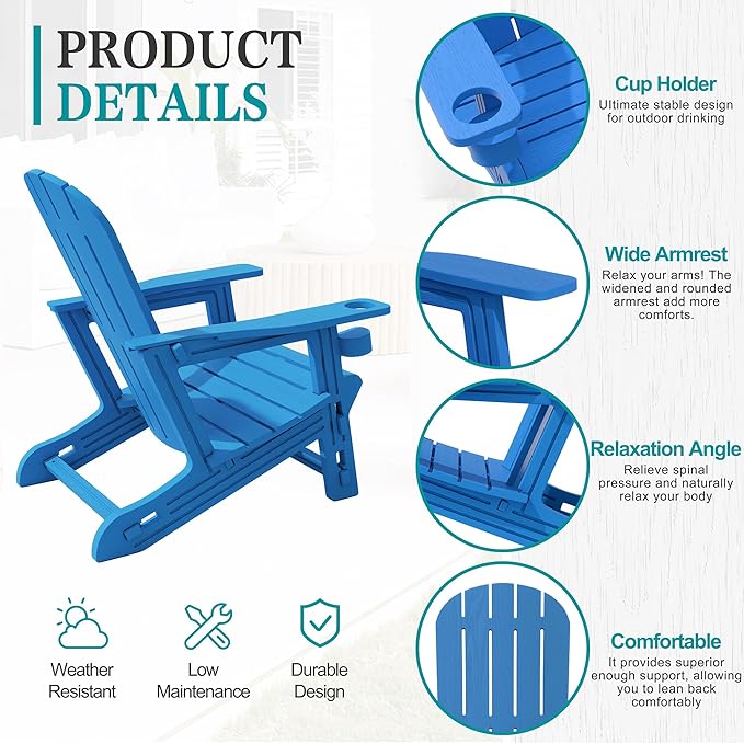 JY QAQA Outdoor Adirondack Chair Set of 2, All-Weather HDPE Patio Furniture with Detachable Table, Wood Texture & Cup Holder for Patio, Poolside, Garden, Blue