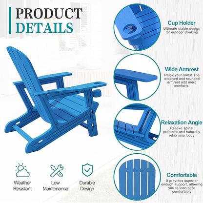 JY QAQA Outdoor Adirondack Chair Set of 2, All-Weather HDPE Patio Furniture with Detachable Table, Wood Texture & Cup Holder for Patio, Poolside, Garden, Blue