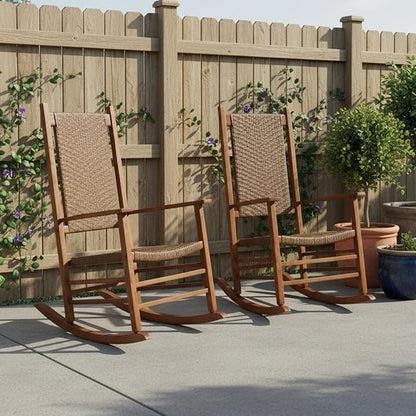 Shine Company Set of 2 Hampton Porch Rockers, High Back Wood Rocking Chairs, Rattan Backrest & Seat, 2-Pack, Oak